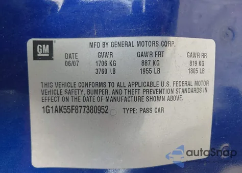 2007 Chevrolet Cobalt Ls из США, поврежденный, VIN 1G1AK55F877380952